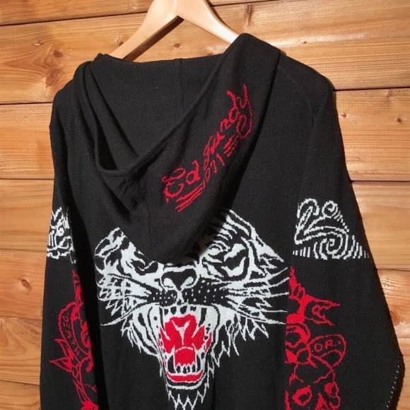 ED HARDY NWT Hooded Wool Blend Knit Sweater Cardigan Vintage Zip Up Lion. L - Picture 2 of 15